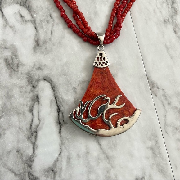 Joe Tortalita red coral sterling silver necklace Native American Santo Domingo - Picture 2 of 7